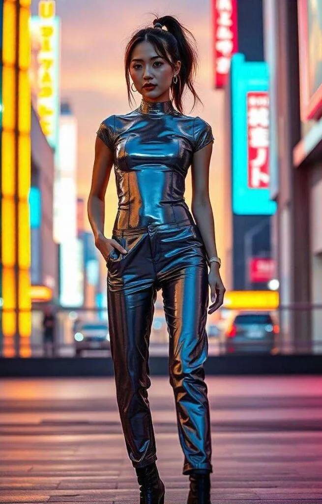 Metallic bodysuit with high waisted pants 